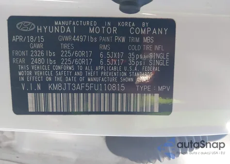 2015 Hyundai Tucson Gls z USA, uszkodzony, nr VIN KM8JT3AF5FU110815